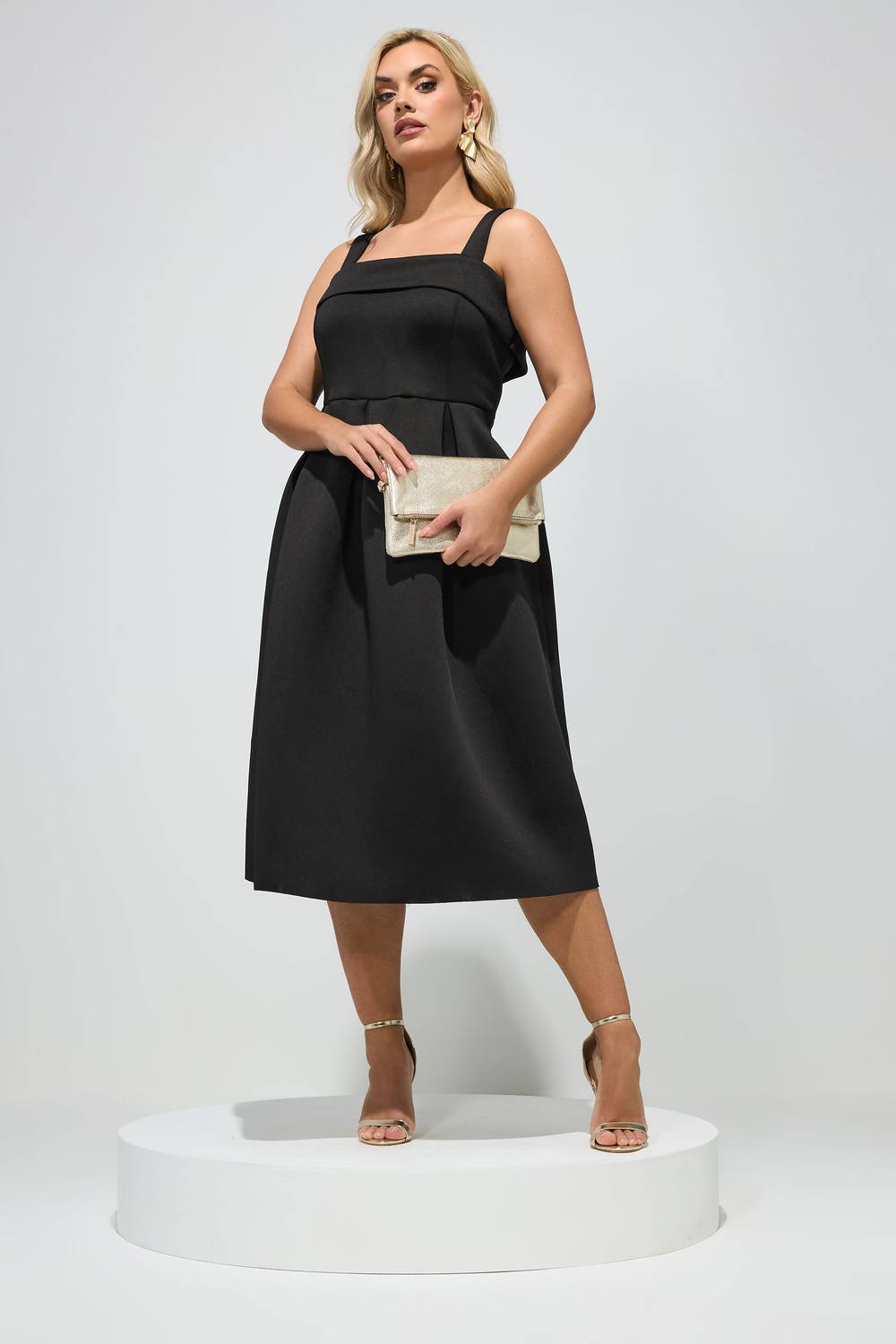 Yours Square Neck Midi Skater Dress In Black