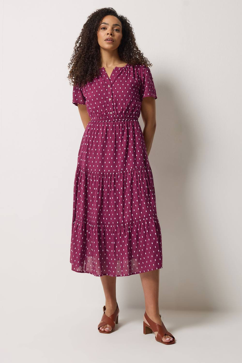 M&co Dobby Tiered Cotton Midi Dress In Raspberry