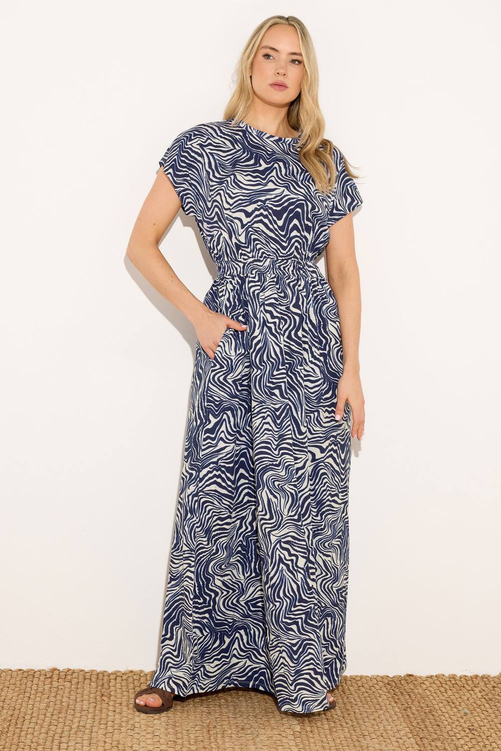 Long Tall Sally Tall Abstract Shirred Waist Maxi Dress In Mid Navy