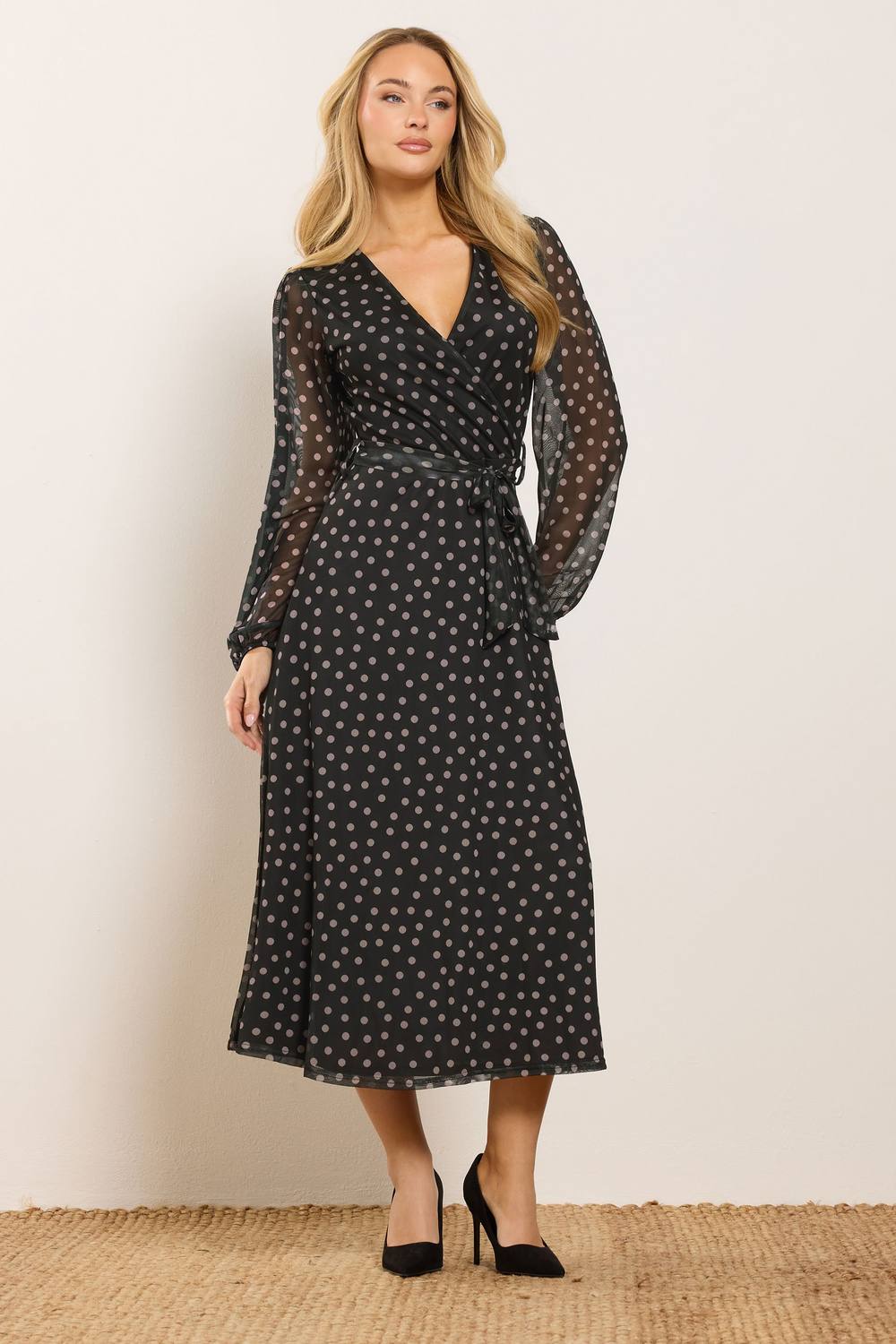 M&co Polka Dot Mesh Wrap Dress In Black