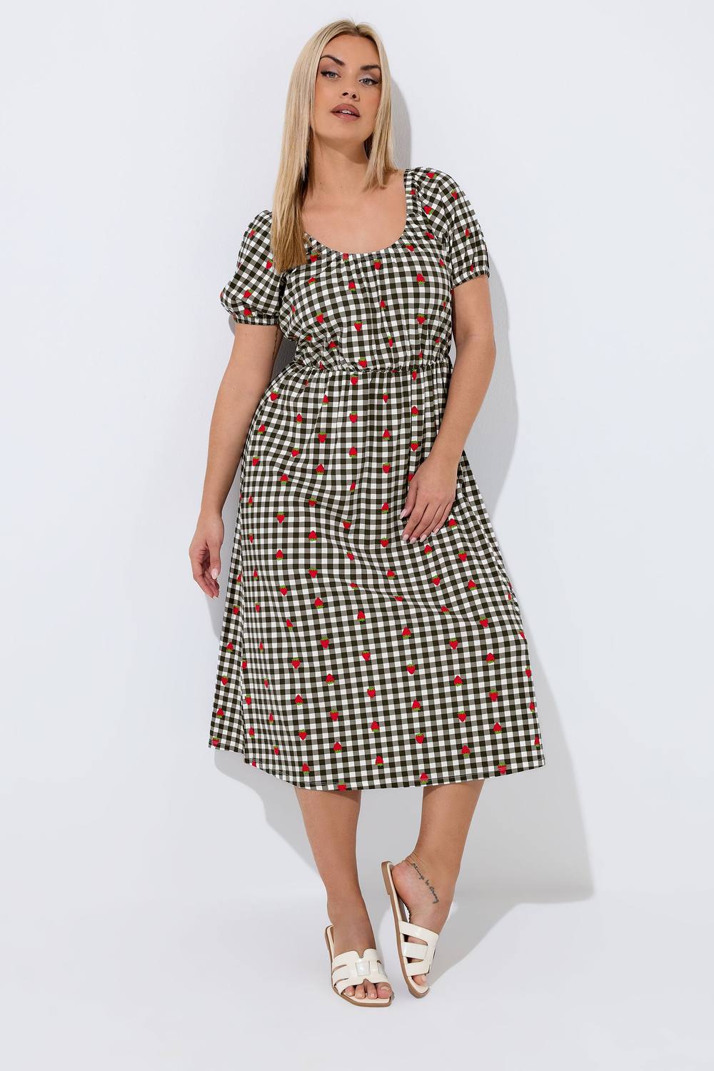 Yours Strawberry Gingham Bardot Dress In Black