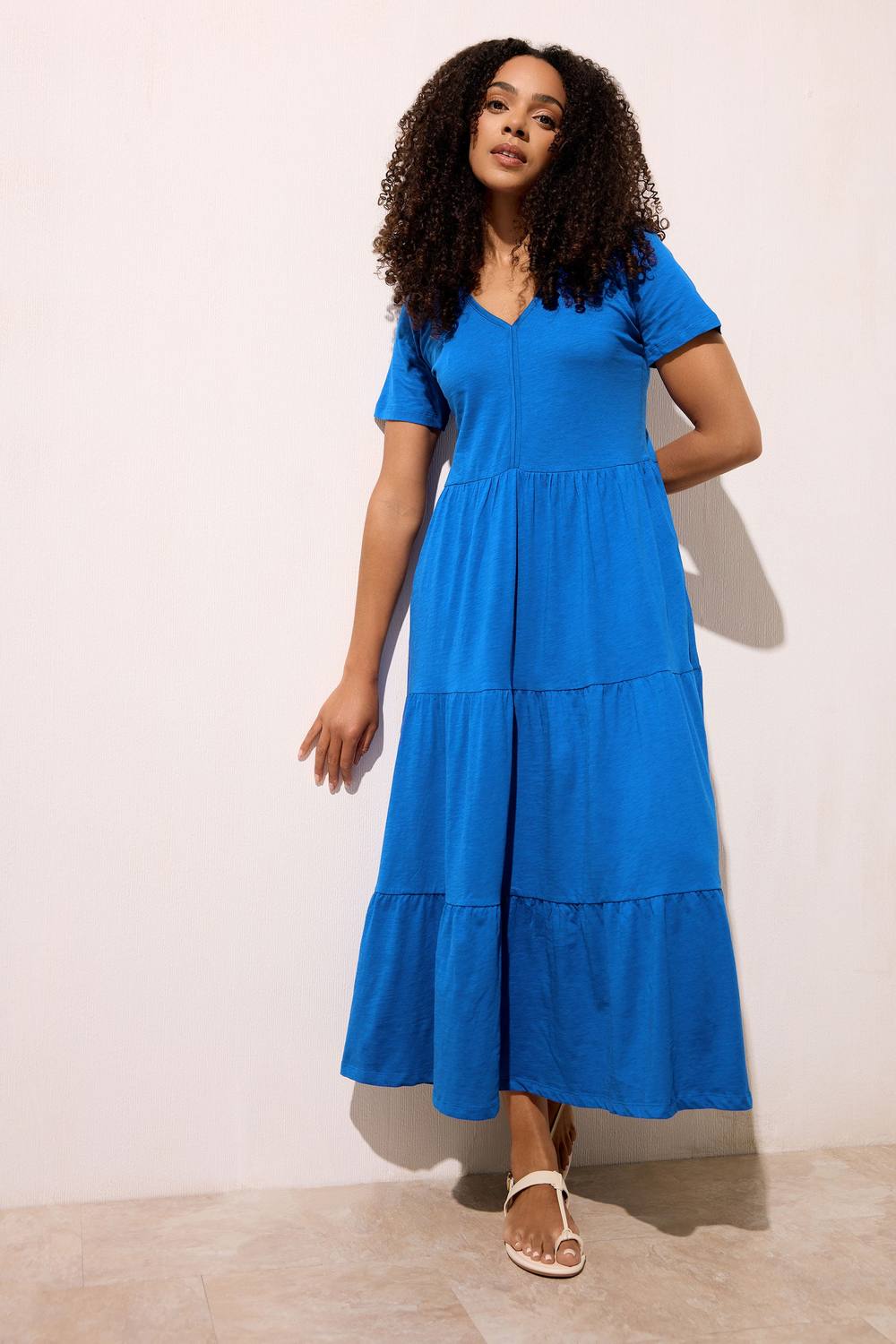 M&co Notch Neck Tiered Cotton Maxi Dress In Cobalt