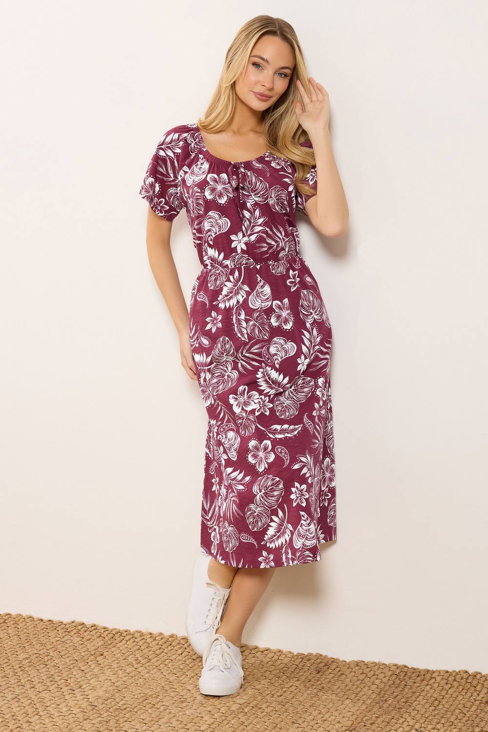 M&co Floral Tie Neck Cotton Midi Dress In Red