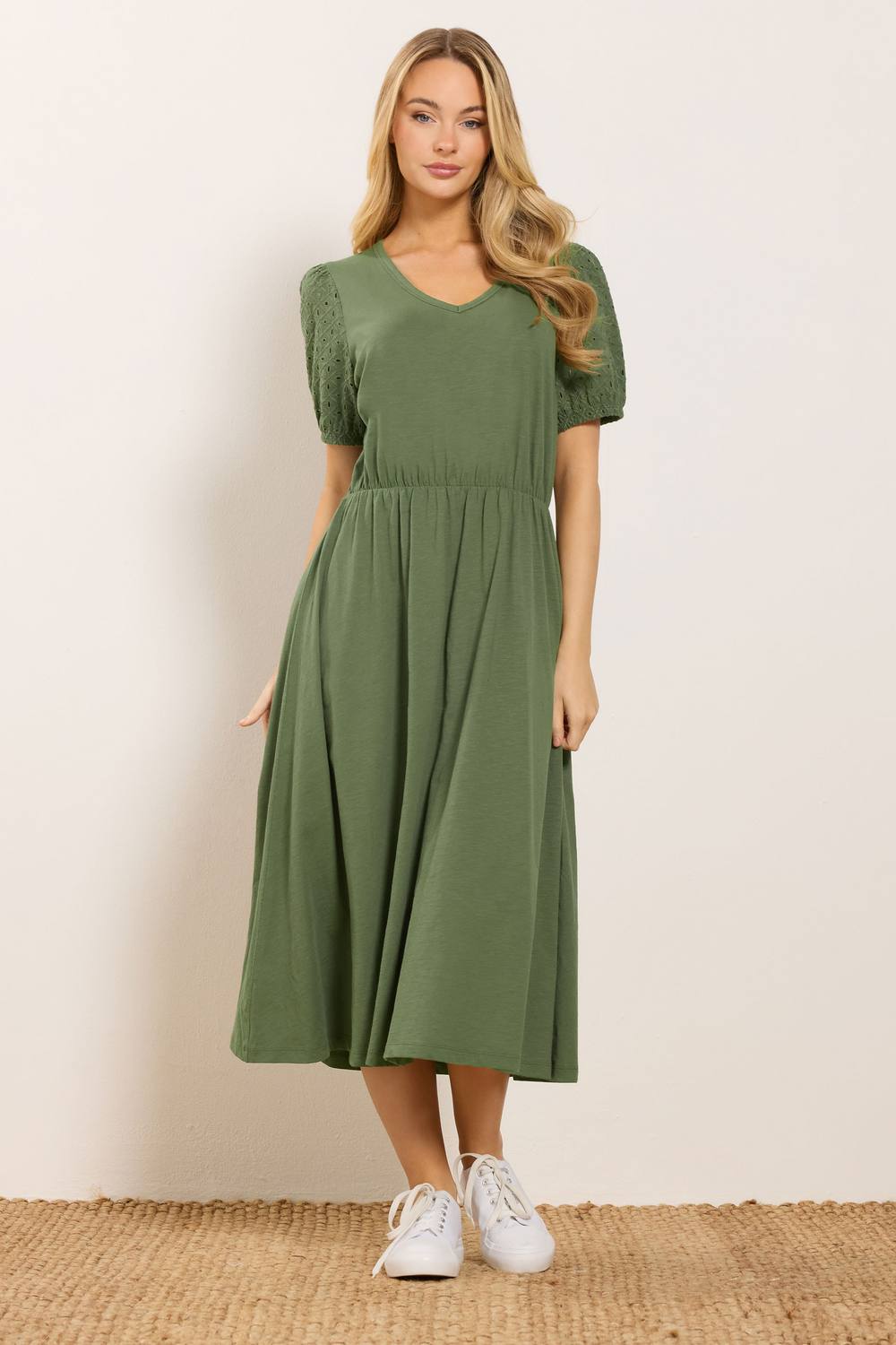 M&co Broderie Sleeve Cotton Midi Dress In Green