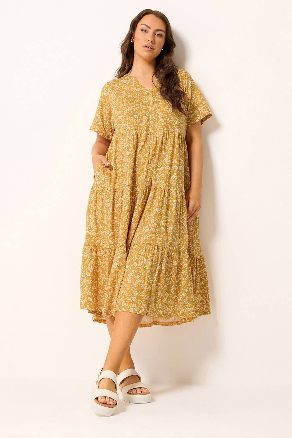 Yours Floral Tiered Maxi Dress In Gold
