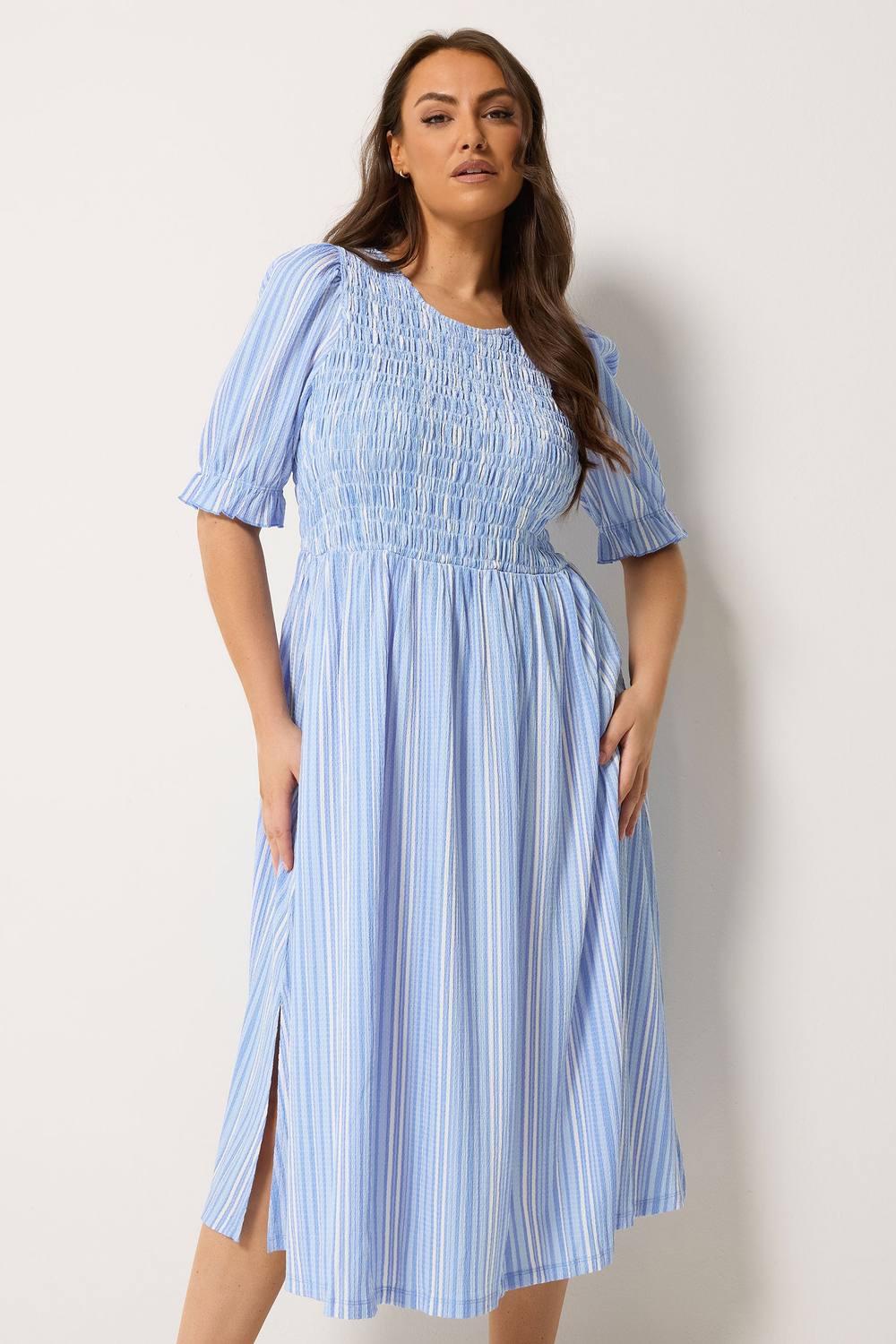 Yours Shirred Stripe Print Dress In Baby Blue