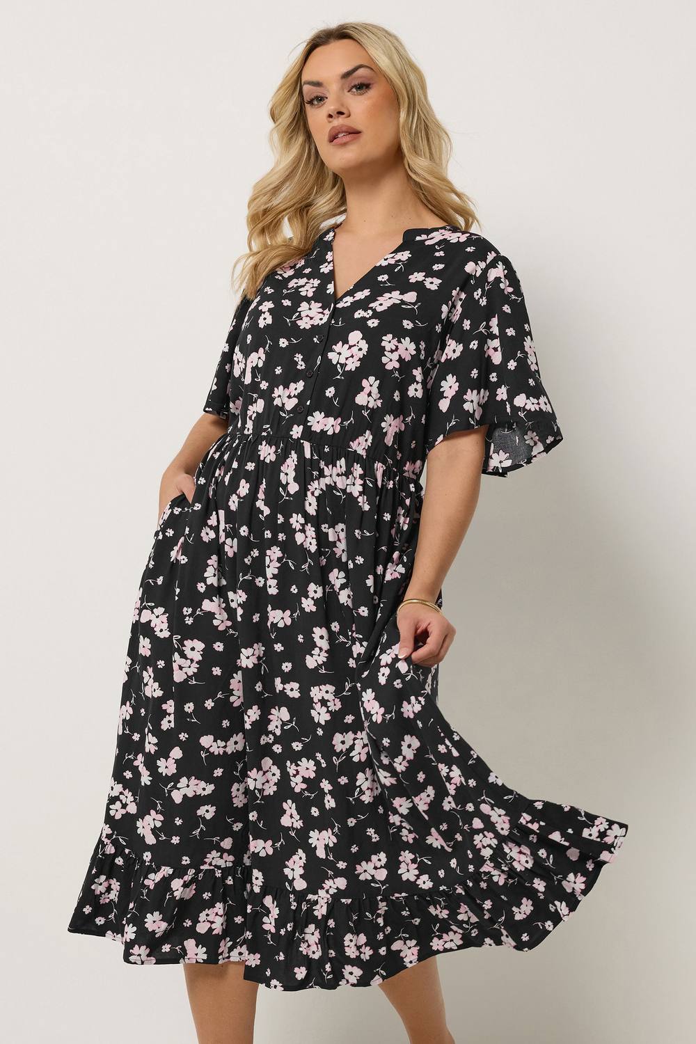 Yours Ditsy Half Placket Midi Dress In Black