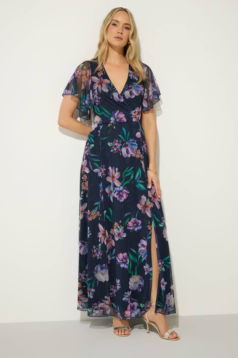 Long Tall Sally Tall Floral Mesh Wrap Maxi Dress In Dark Navy