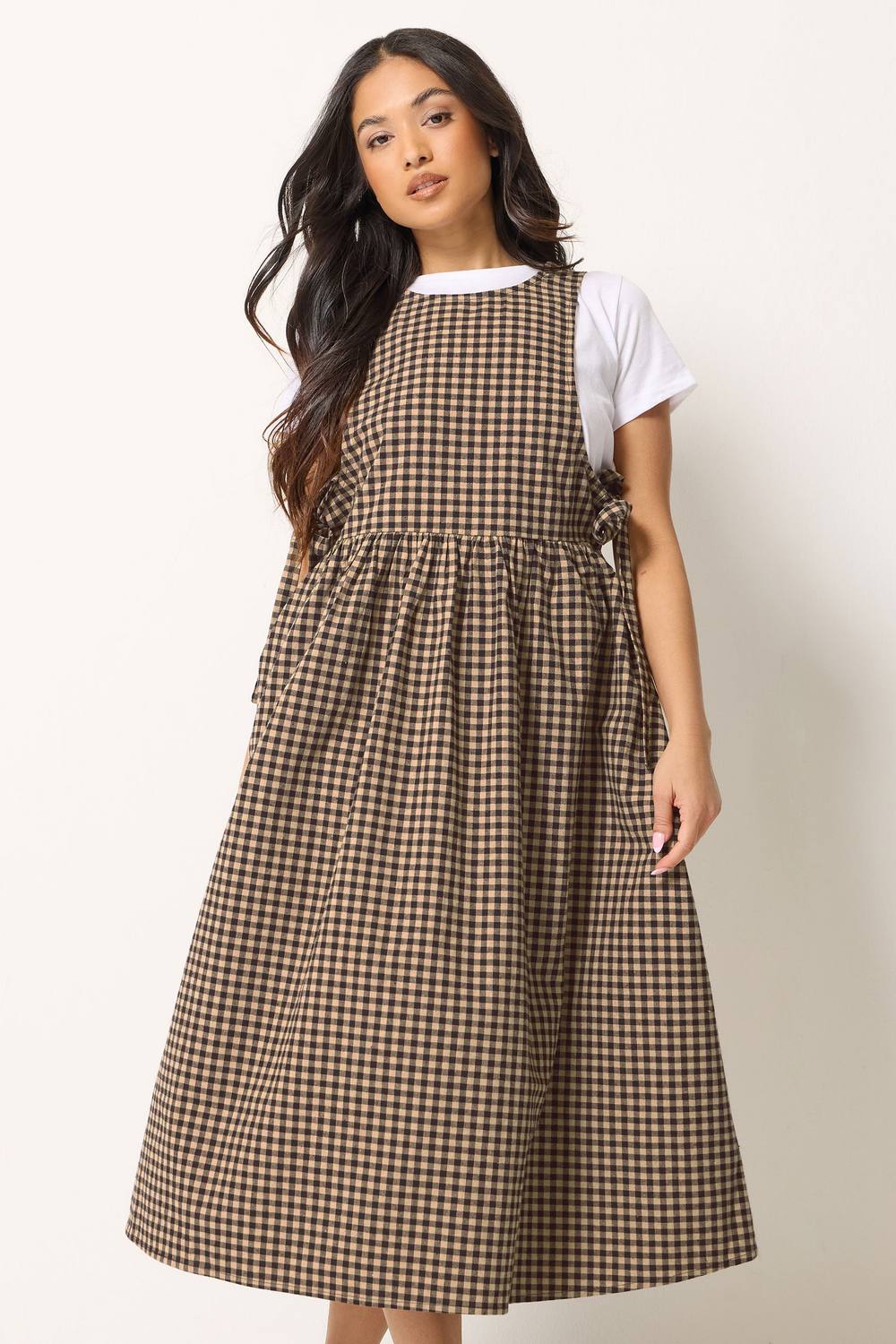 Pixiegirl Petite Gingham Pinafore Dress In Brown