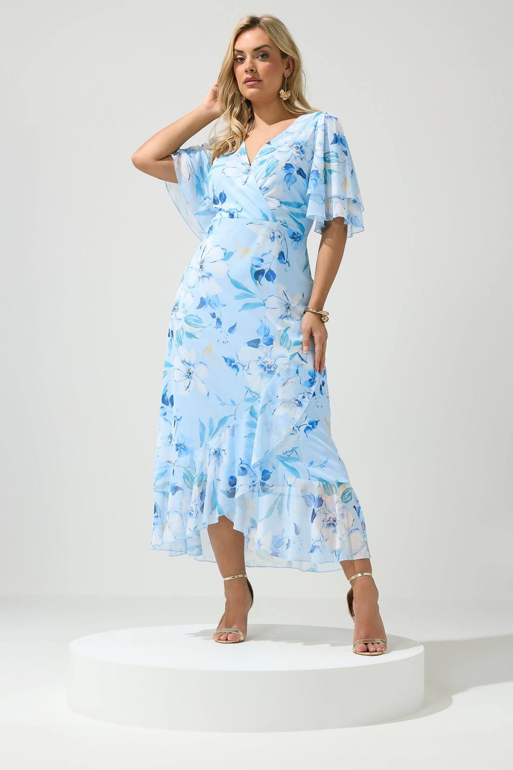 Yours Floral Wrap Ruffle Hem Dress In Light Blue
