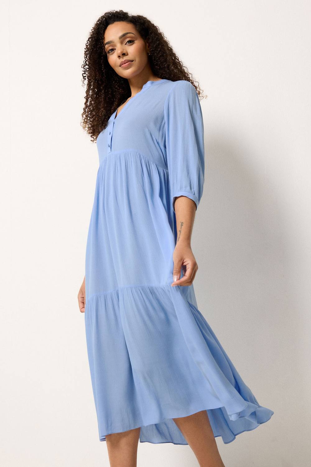 M&co Tiered Half Placket Maxi Dress In Light Blue