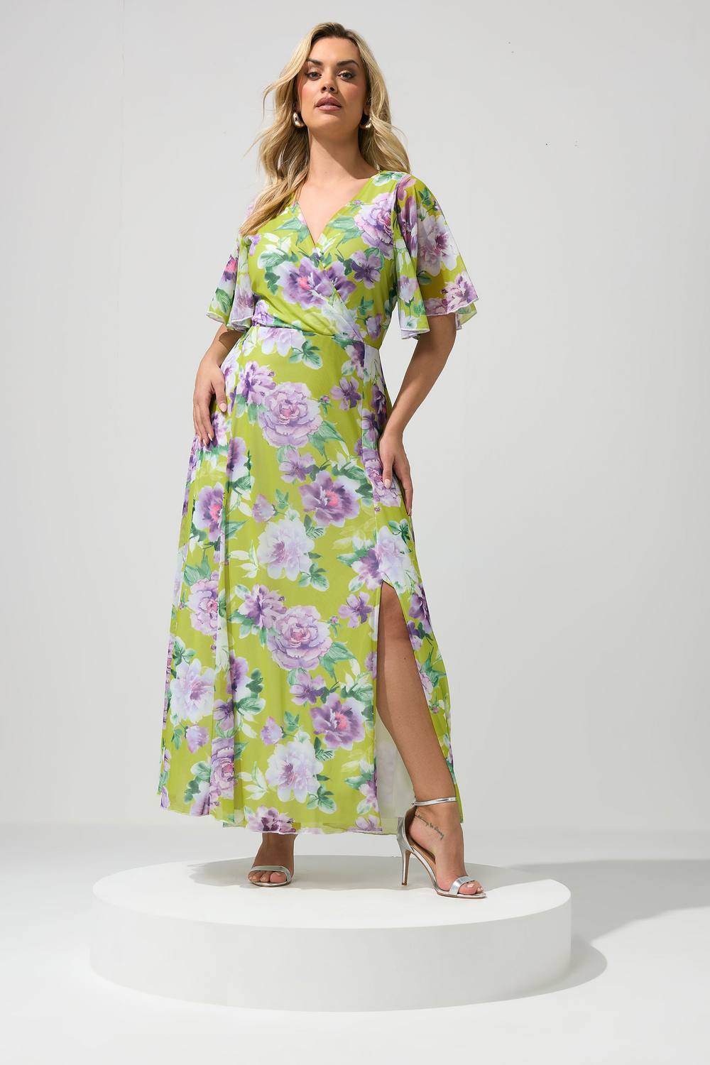 Yours Floral Wrap Dress In Lime