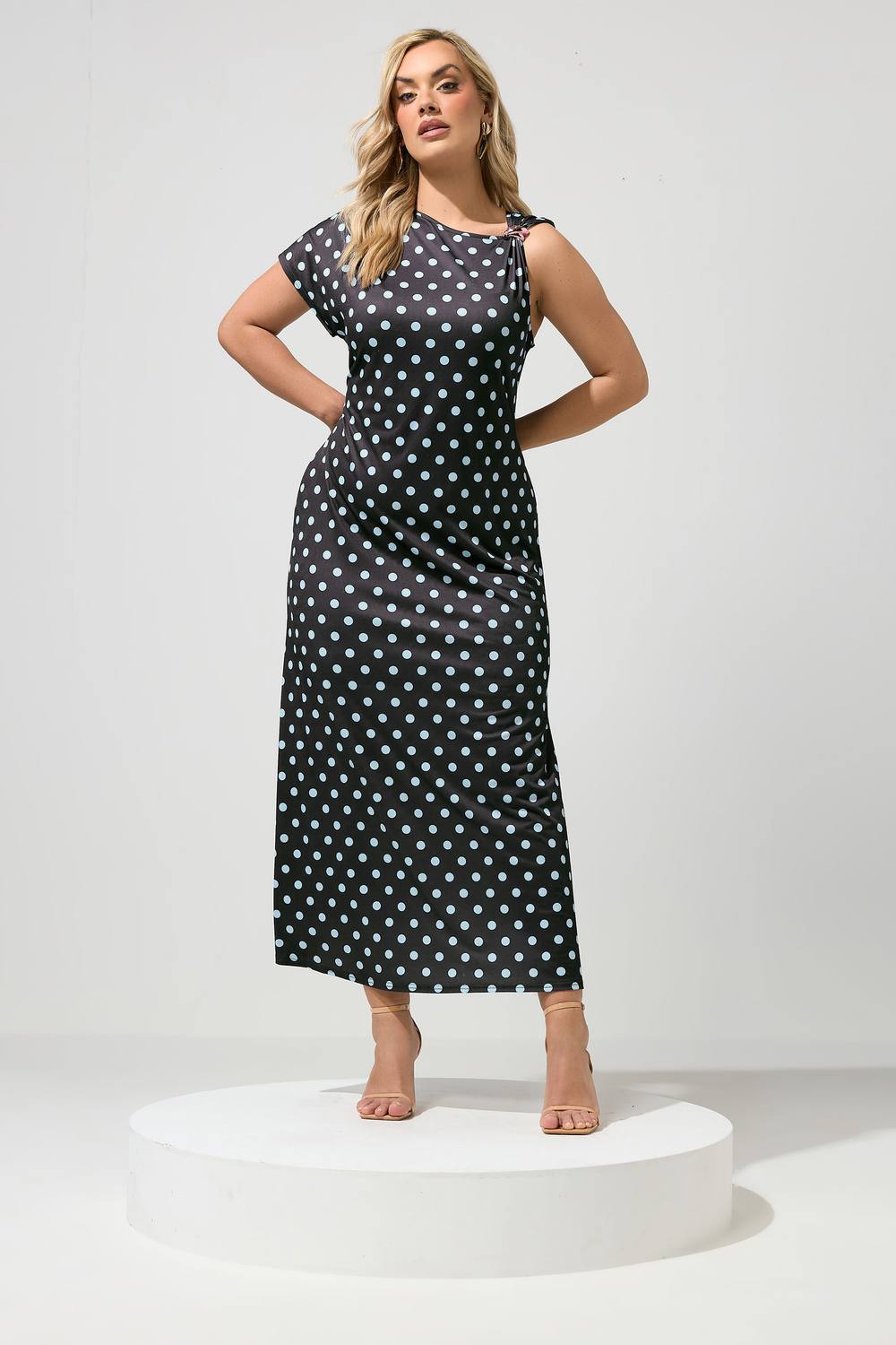 Yours Polka Dot Buckle Detail Maxi Dress In Chocolate