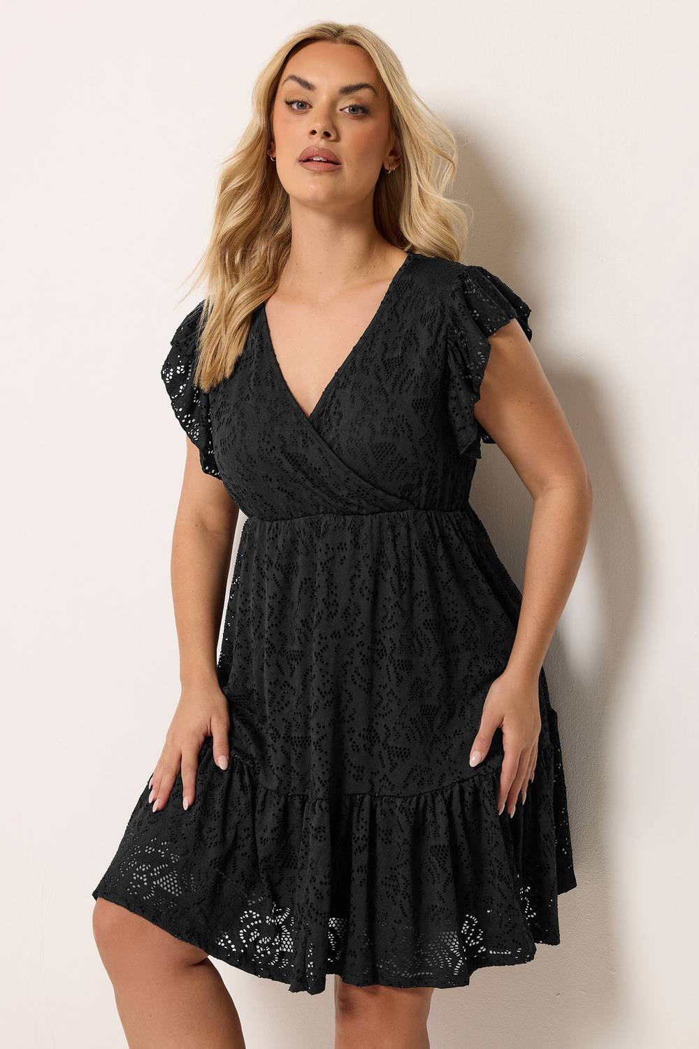 Yours Wrap Pointelle Dress In Black