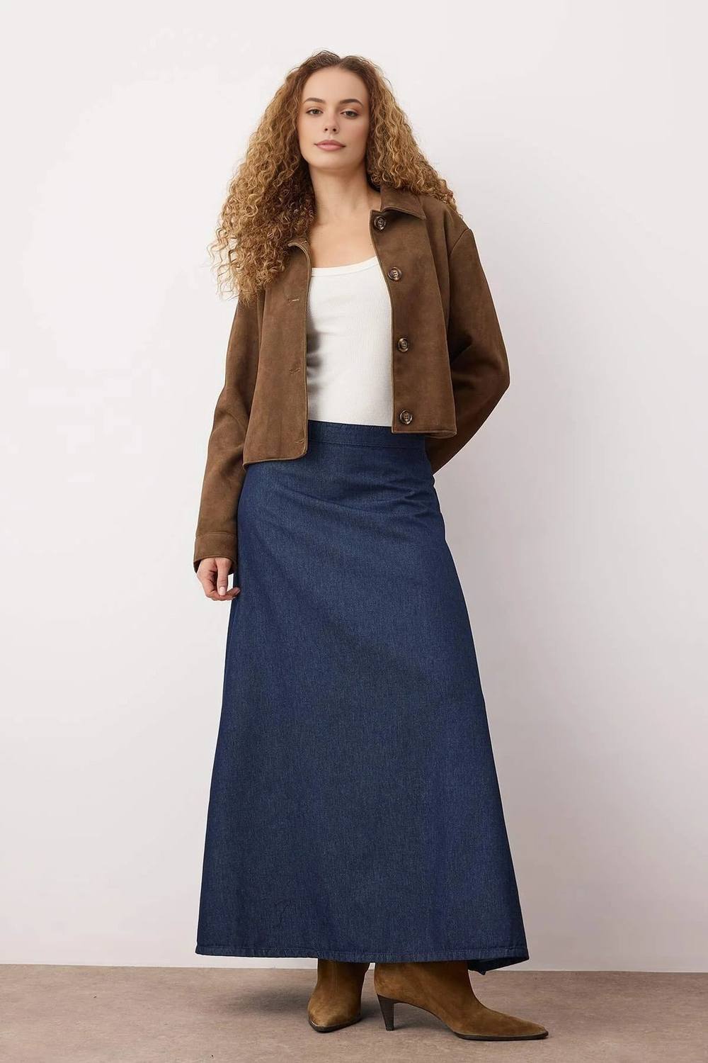 Wovcor High Waist Maxi Denim Skirt With A-Line Silhouette In Dark Blue
