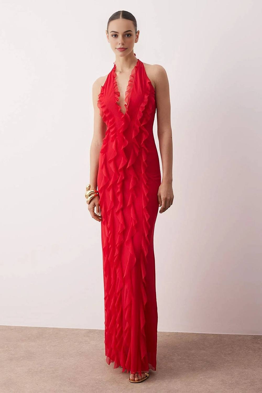 Wovcor Tulle Ruffled Lined Halter Neck Maxi Evening Dress In Red