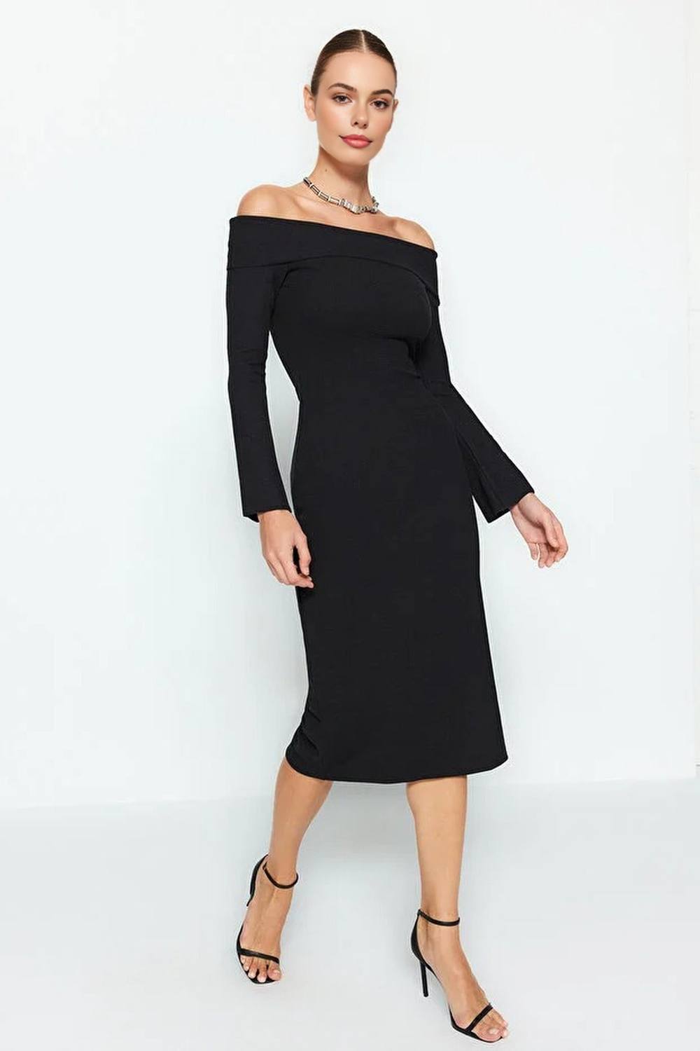Wovcor Off Shoulder Soft Textured Midi Knit Pencil Dress In Black