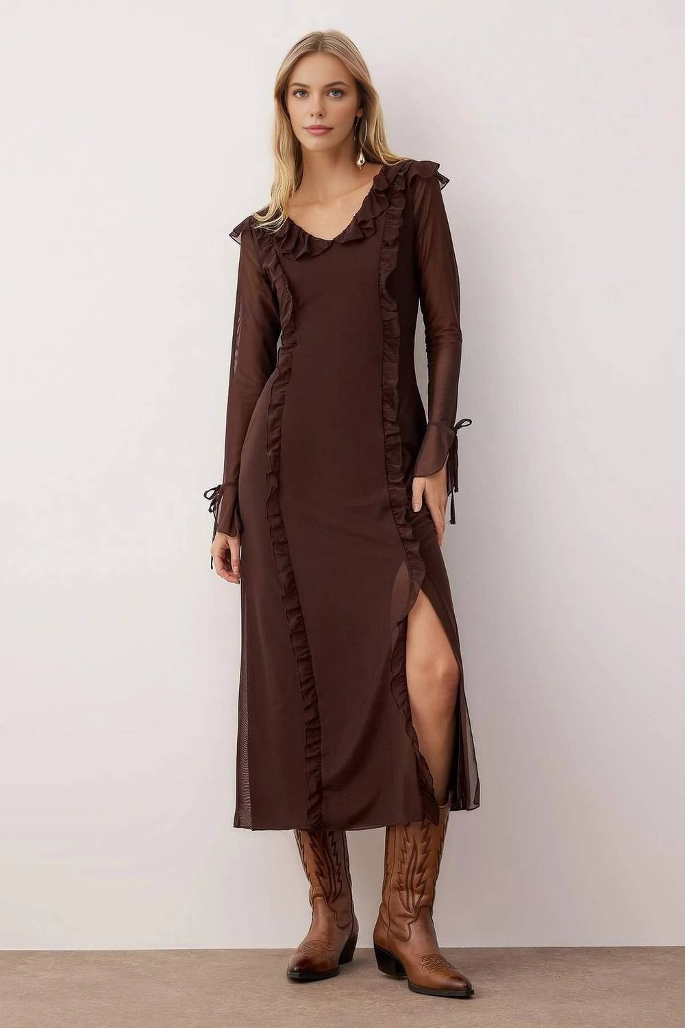 Wovcor Sheer Long Sleeve Ruffle Maxi Knit Dress With Side Slit In Brown