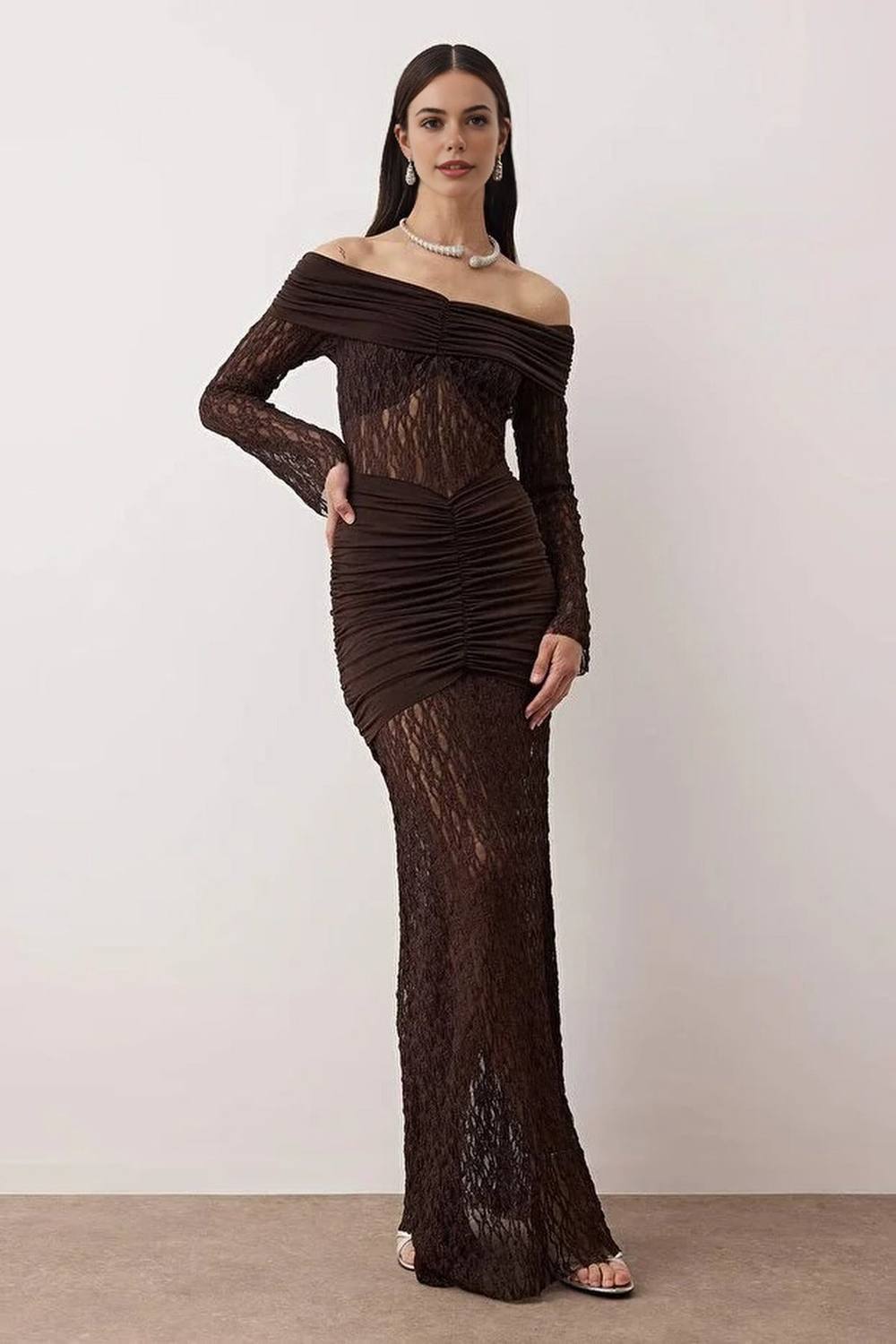 Wovcor Off Shoulder Lace Maxi Evening Dress In Brown