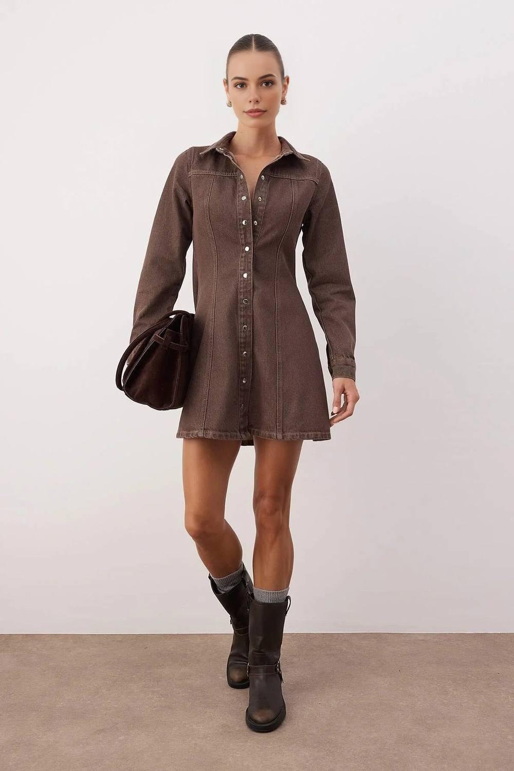 Wovcor Button Front Mini Denim Shirt Dress In Brown