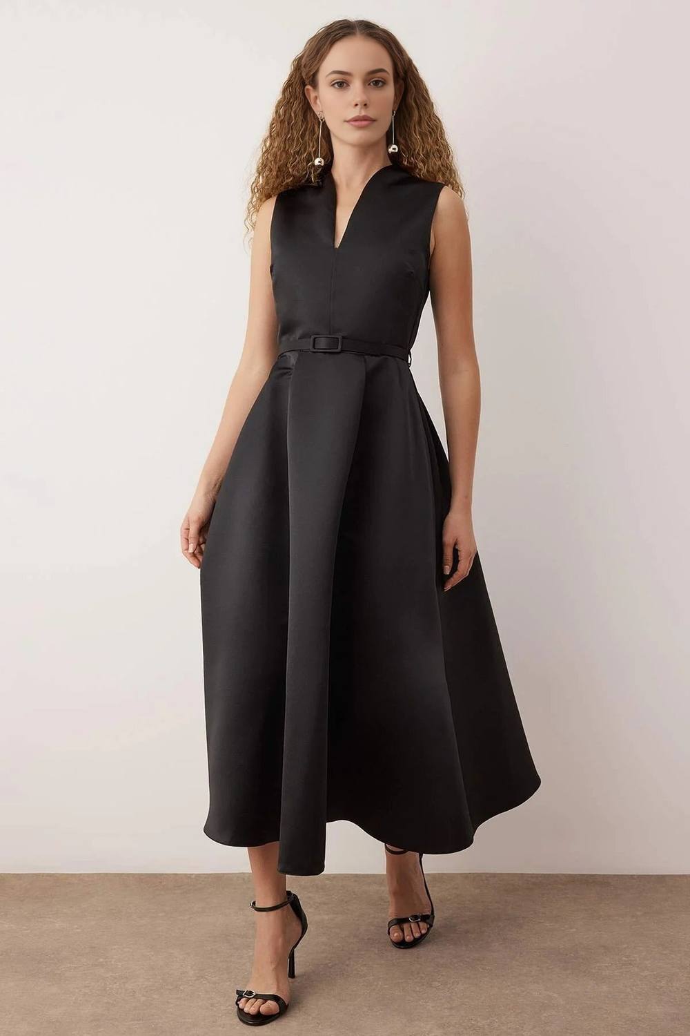 Wovcor Belted V Neck Satin Maxi Evening Dress In Black