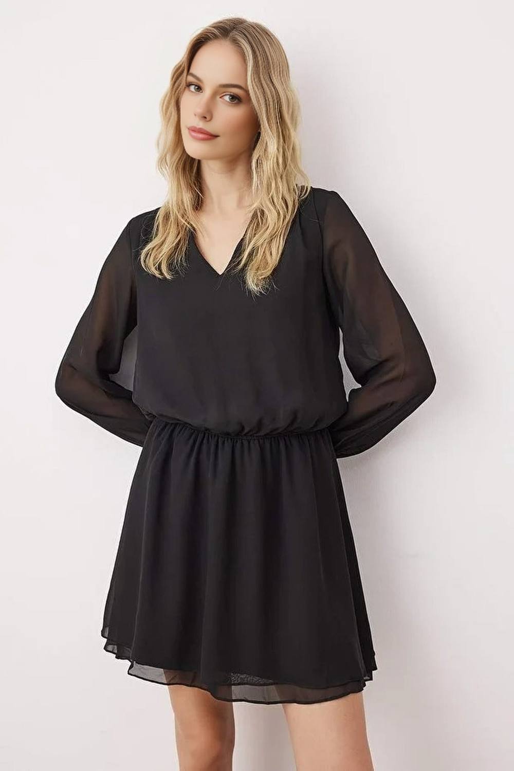 Wovcor V Neck Long Sleeve Mini Woven Dress With Chiffon Skirt In Black