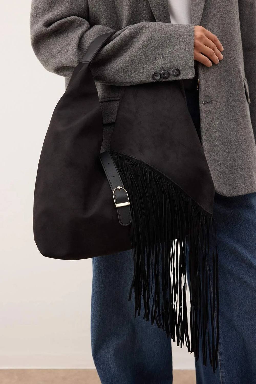 Wovcor Women's Faux Suede Fringe Hobo Shoulder Bag With Buckle Detail In Black