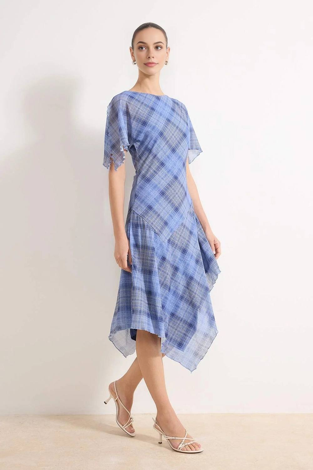 Wovcor Check Asymmetric Hem Angel Sleeve Midi Dress