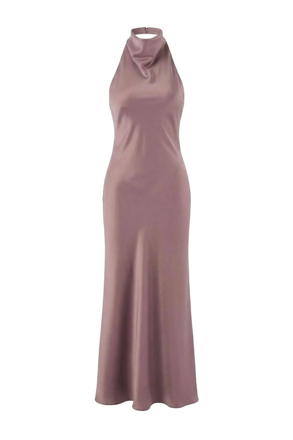 Wovcor Cowl Neck Halter Satin Sleeveless Midi Slip Dress In Taupe