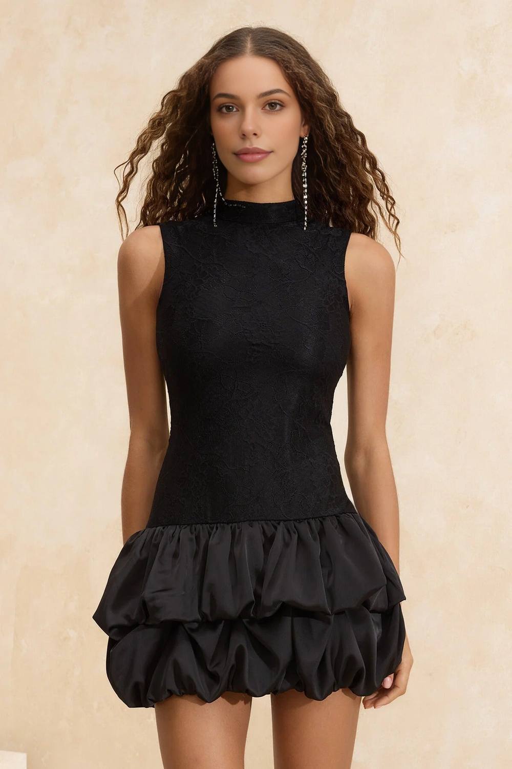 Wovcor Lace Bodice Balloon Hem High Neck Sleeveless Mini Dress In Black