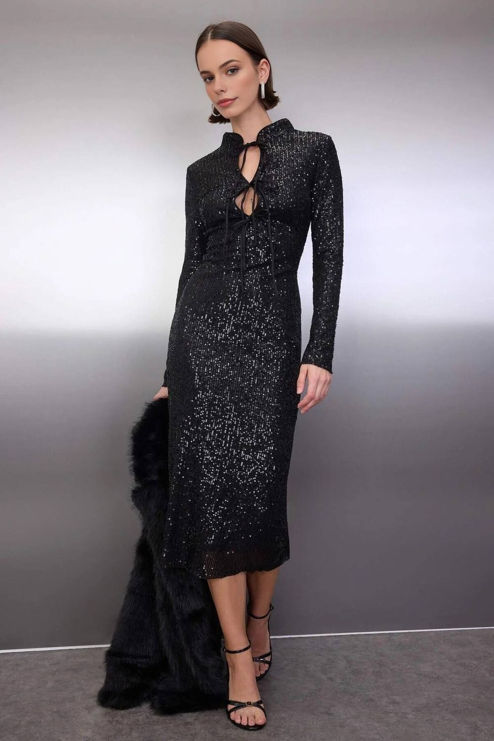 Wovcor Tie Front Keyhole Long Sleeve Sequin Midi Bodycon Dress In Black