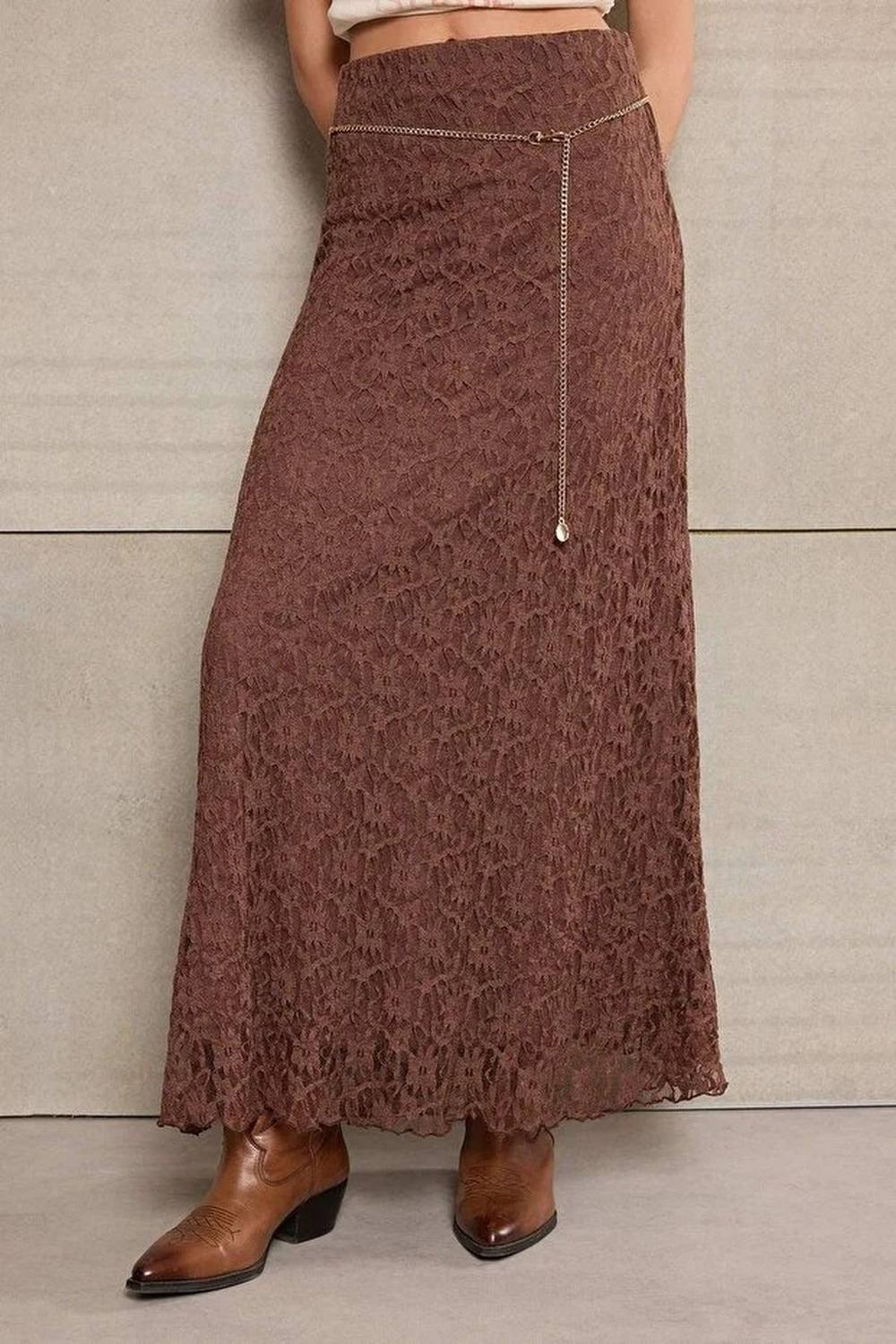 Wovcor A-Line Lace Maxi Skirt With Chain Belt Detail In Brown