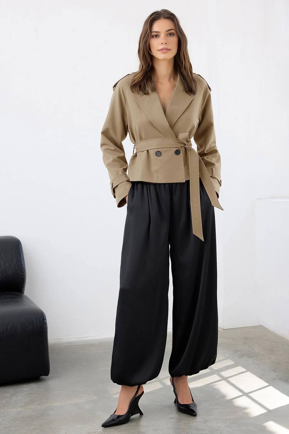 Wovcor Belted Double Breasted Tailored Blazer Jacket In Taupe