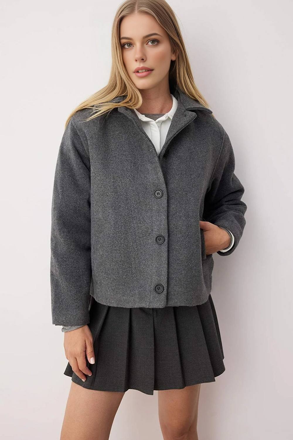 Wovcor Plain Button Up Collared Wool Blend Cropped Coat In Grey