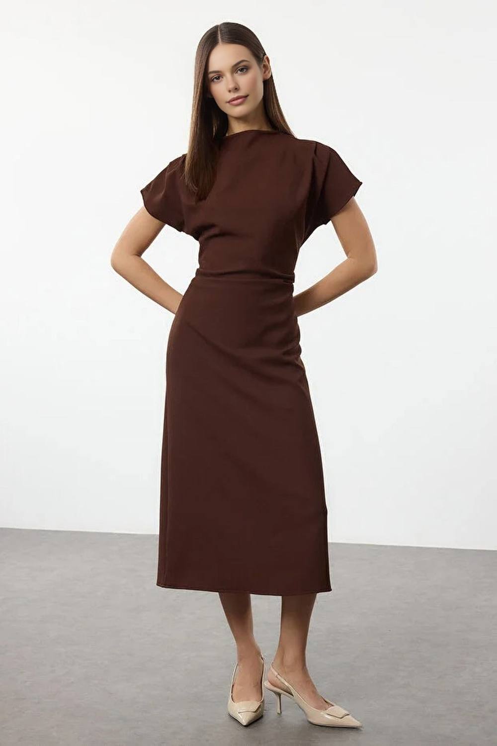 Wovcor Draped High Neck Midi Dress In Brown