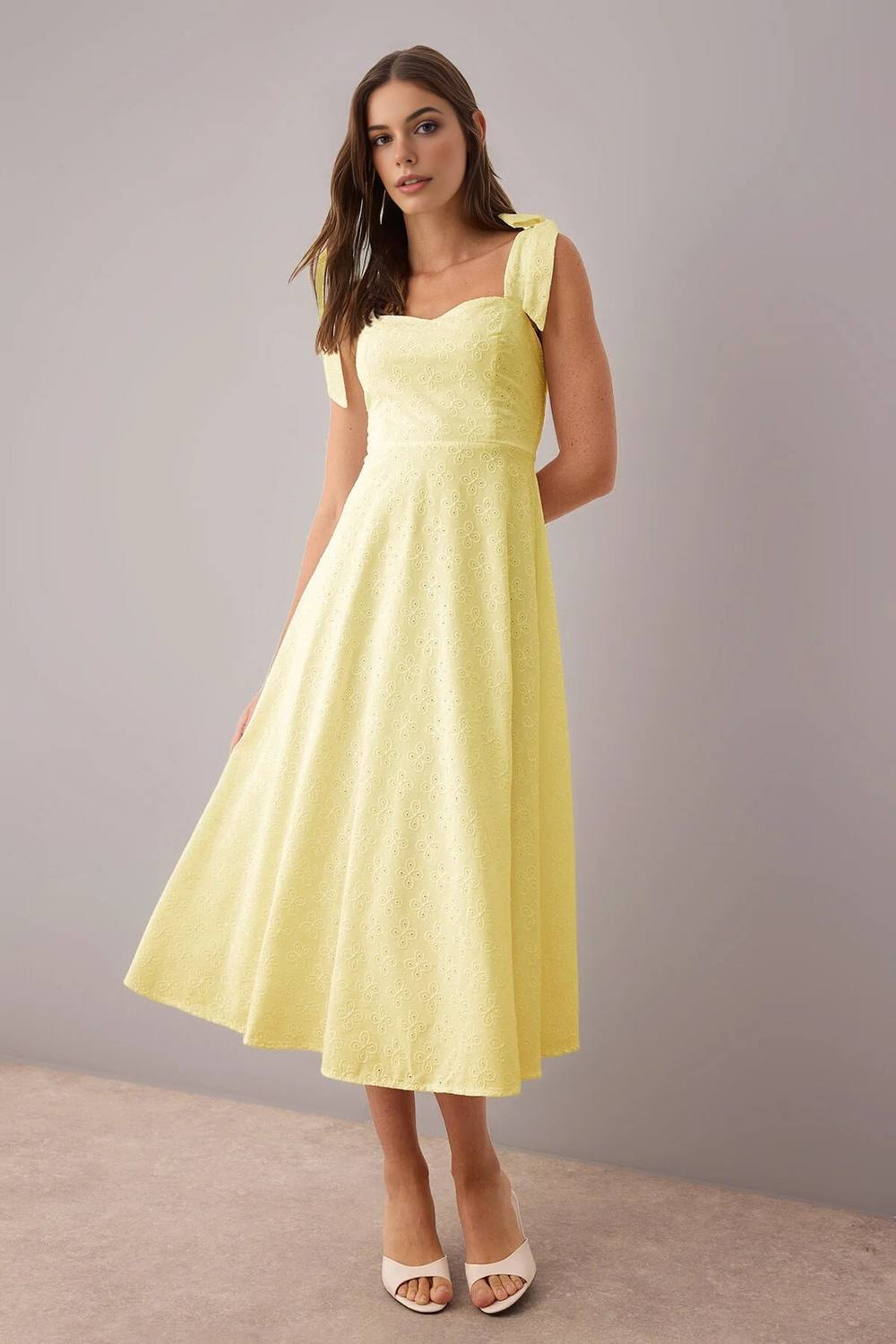 Wovcor Broderie Anglaise Bow Strap Maxi Dress In Yellow