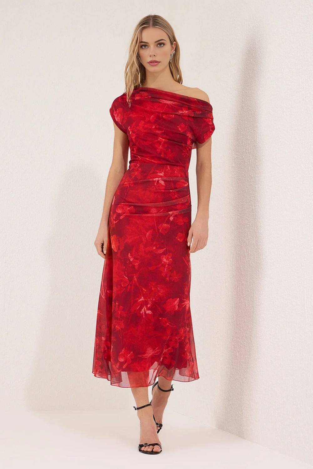 Wovcor Floral Mesh Bardot Midi Dress With Draped Detail In Red
