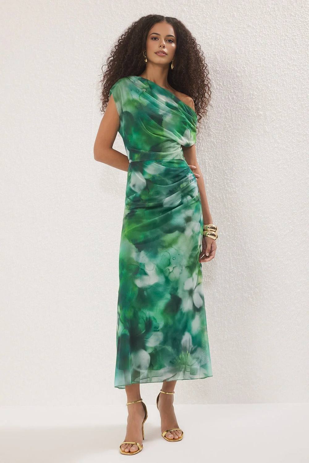 Wovcor Floral Mesh Bardot Midi Dress With Draped Detail In Green