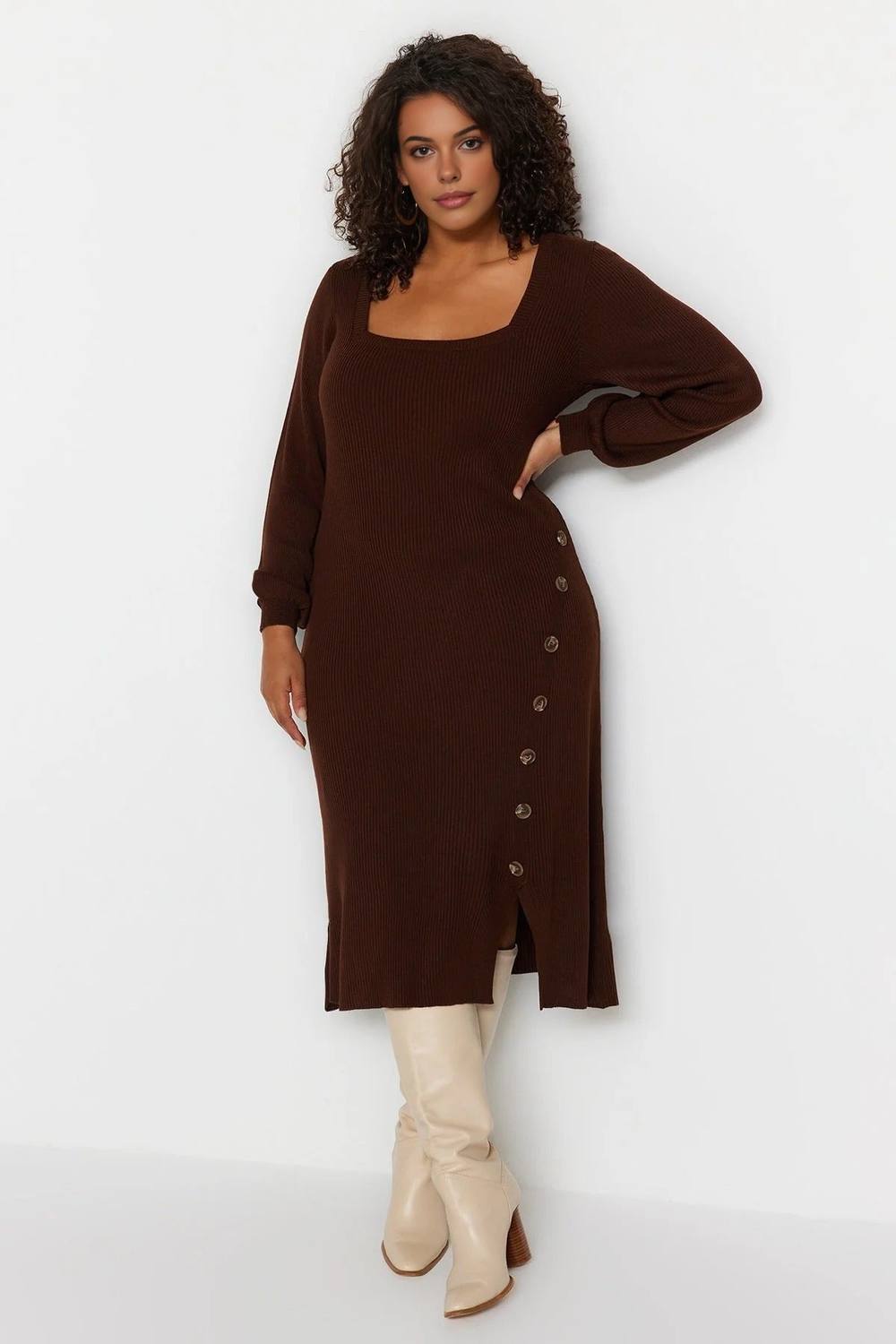 Wovcor Square Neck Ribbed Knit Button Detail Midi Dress In Brown