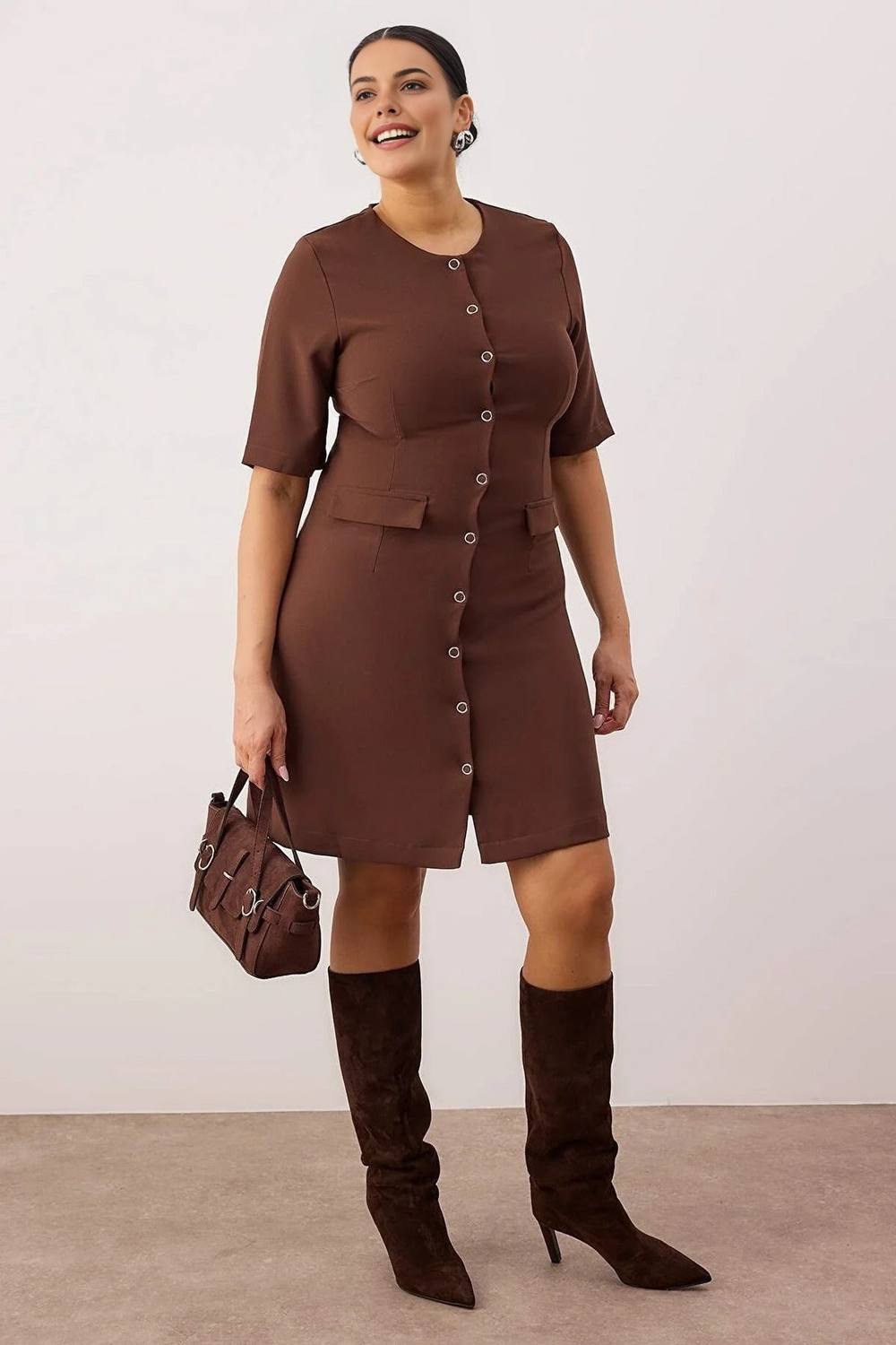Wovcor Button Front Short Sleeve Tailored Mini Dress In Brown