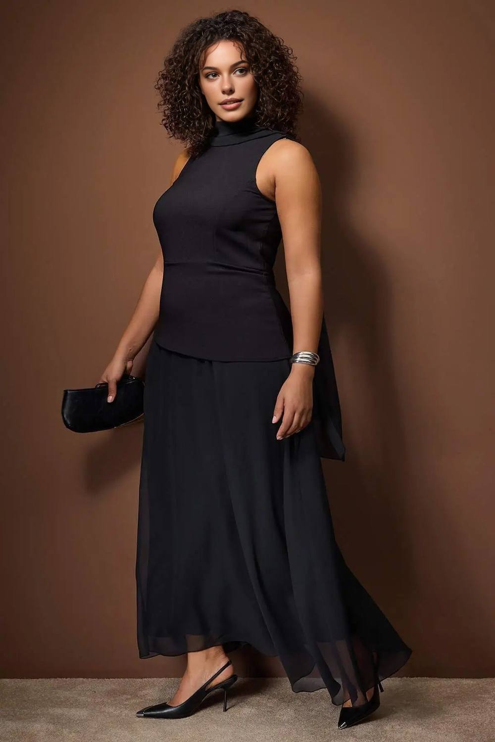 Wovcor High Neck Sleeveless Maxi Dress With Draped Sheer Skirt In Black