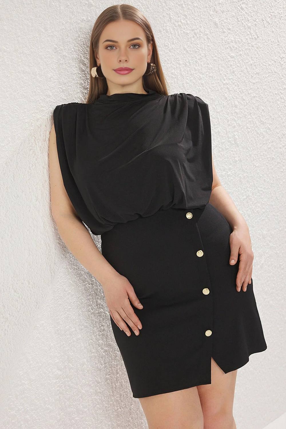 Wovcor High Neck Draped Top Detail Buttoned Mini Dress In Black
