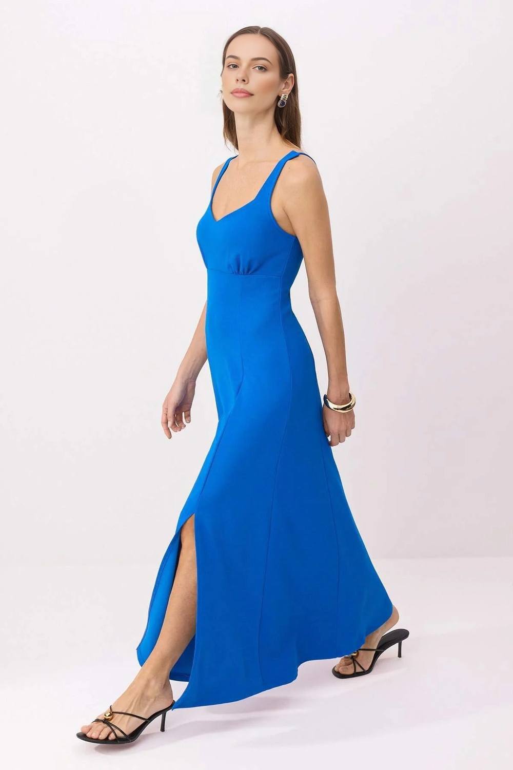 Wovcor Sweetheart Strappy Flared Maxi Dress With Side Slit In Cobalt