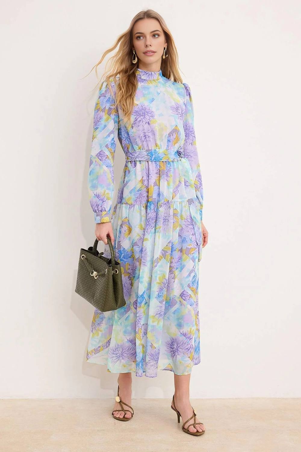 Wovcor Floral Print Belted Midaxi Chiffon Dress With Ruffles