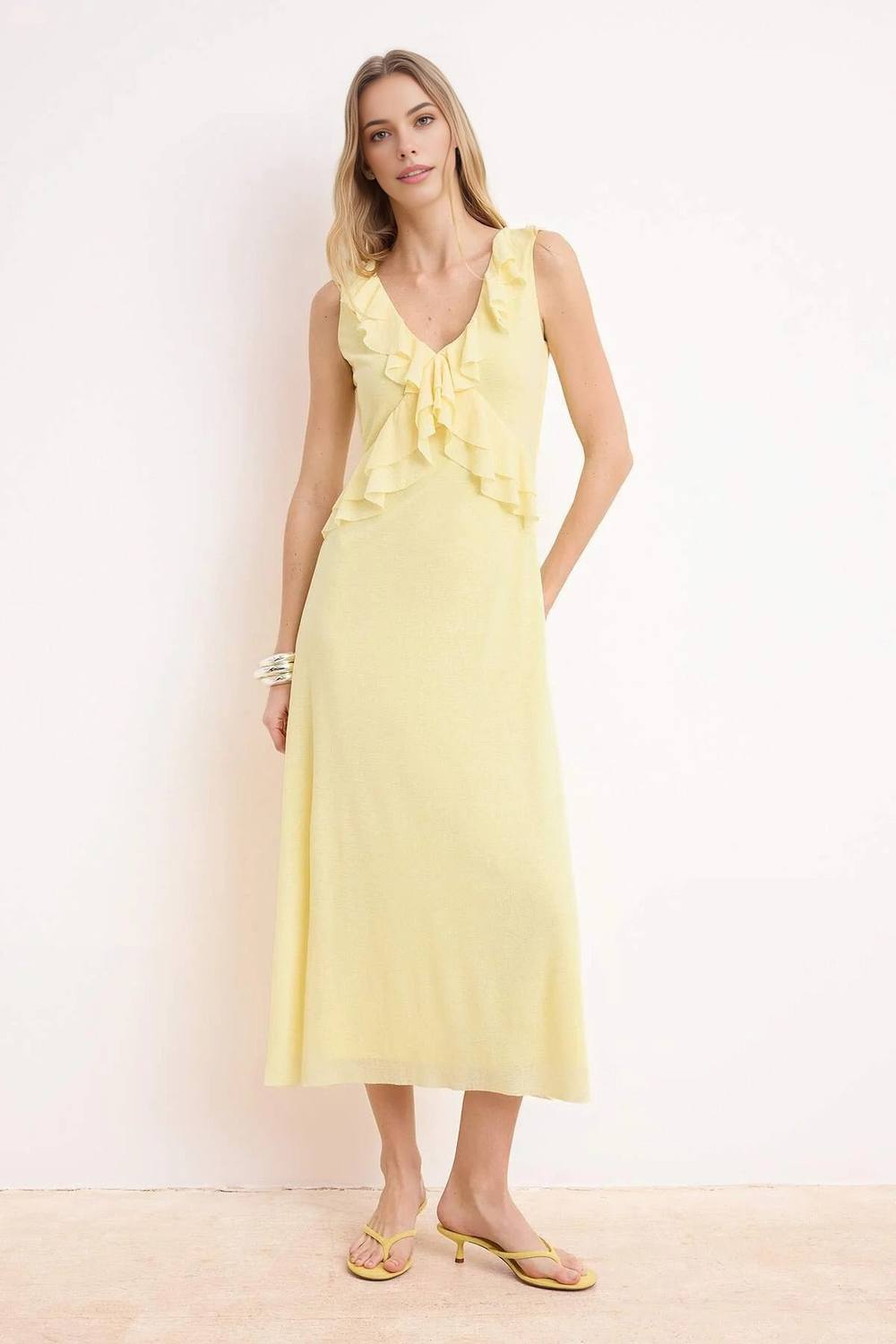 Wovcor V Neck Ruffle Detail Sleeveless A-Line Midi Knit Dress In Yellow