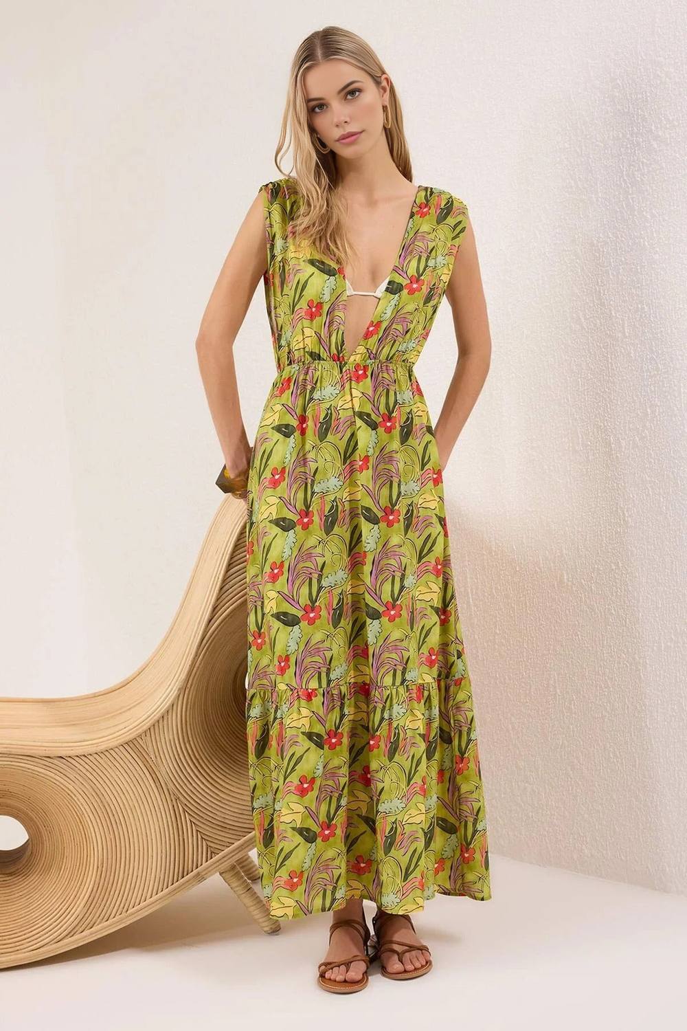 Wovcor Tropical Print Backless Maxi Beach Dress With Tie Detail
