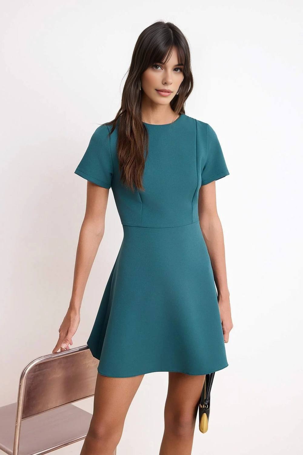 Wovcor Short Sleeve Tailored A Line Mini Dress With Seam Detail In Teal