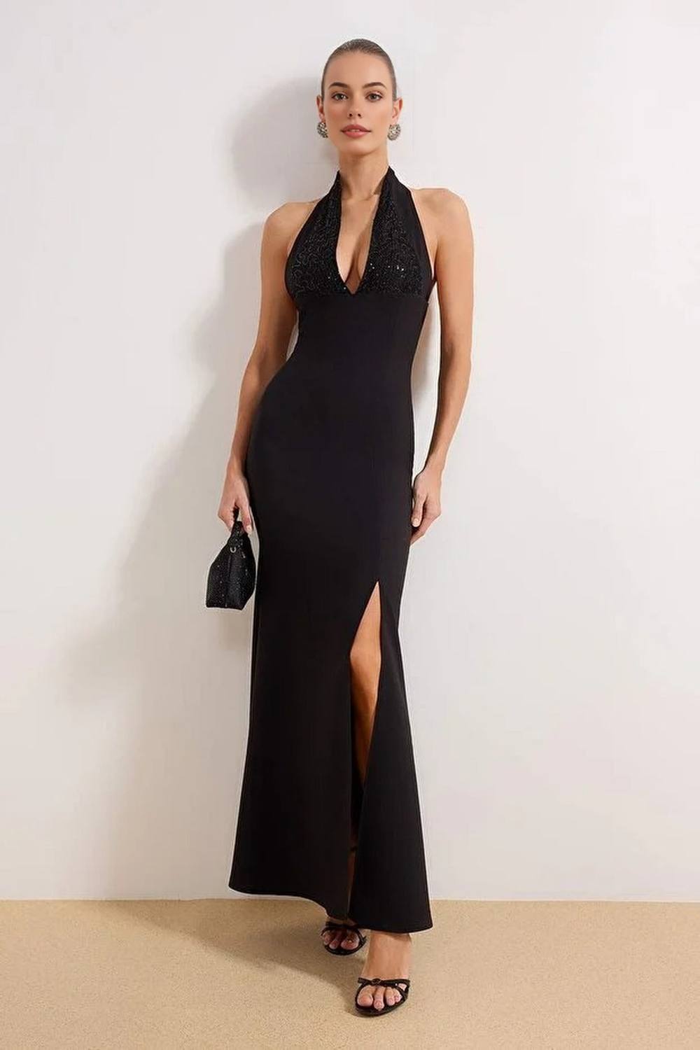 Wovcor Glitter Halter Neck Maxi Dress With Side Split Detail In Black