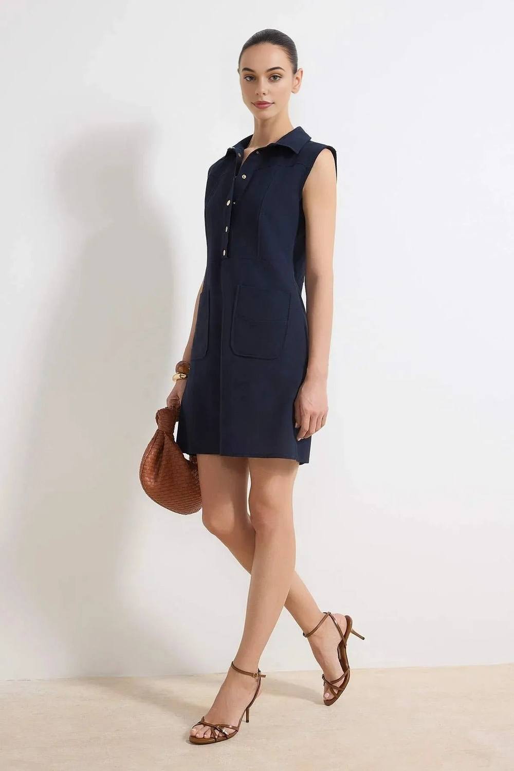 Wovcor Collared Button Front Mini Dress In Navy