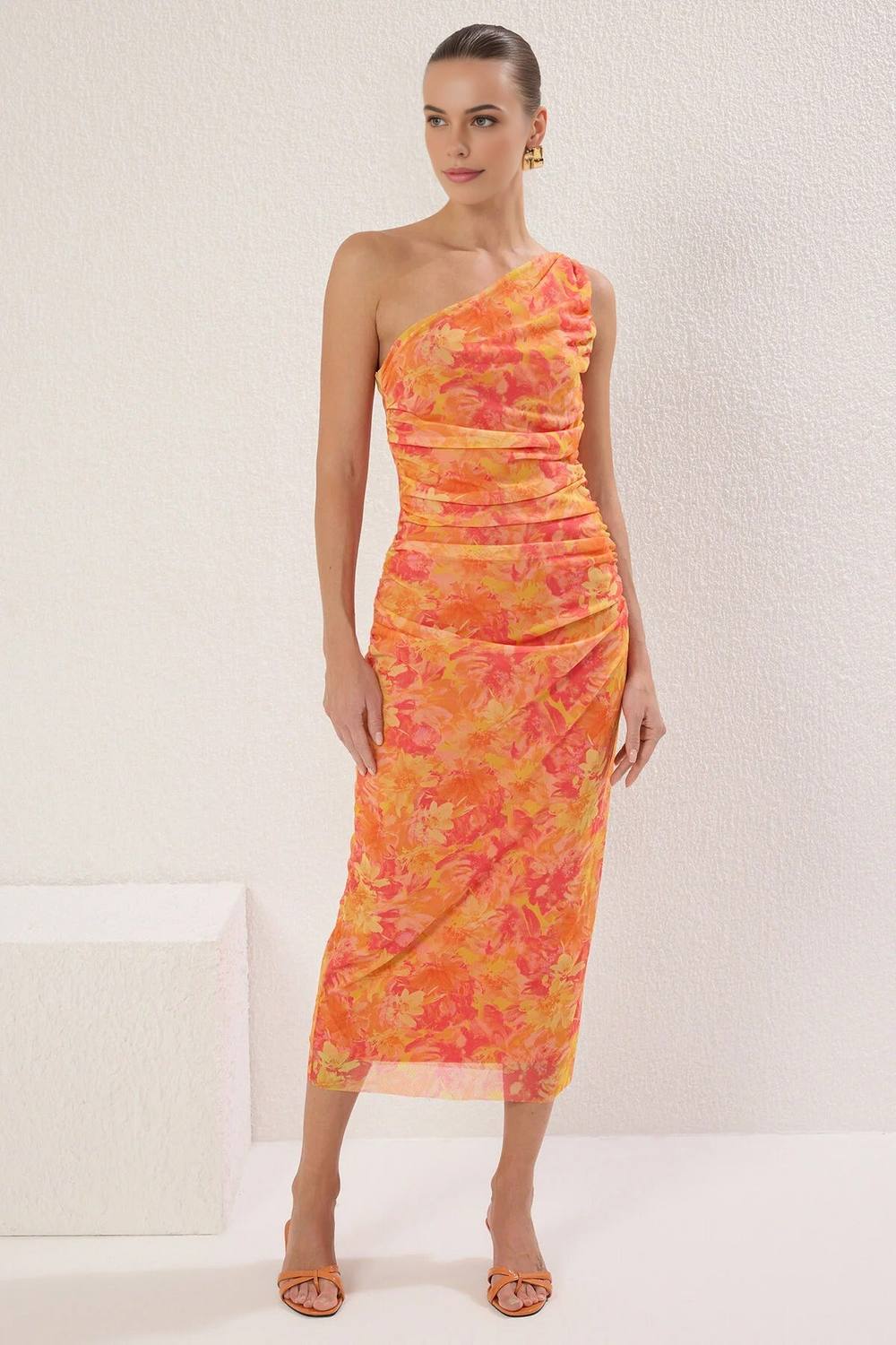 Wovcor Abstract Print One Shoulder Ruched Midi Dress